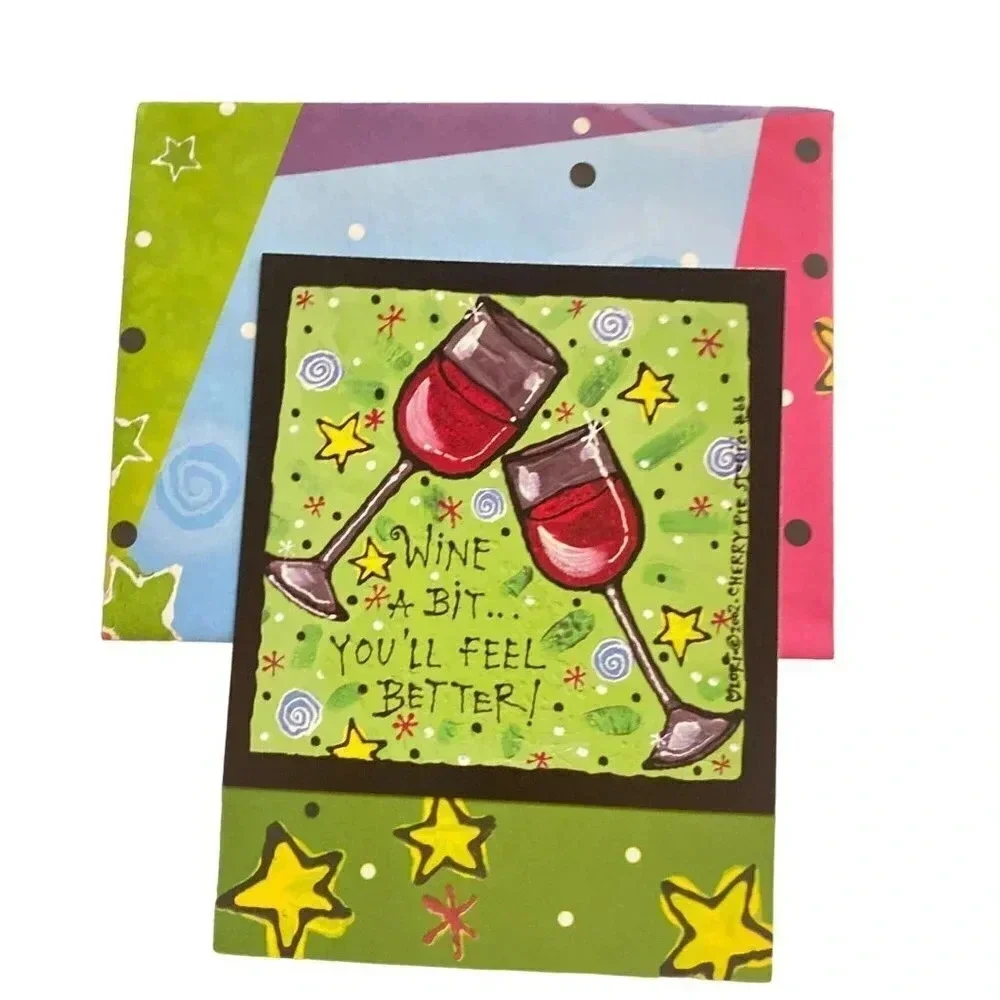 JUST FOR FUN Vintage 6/pk Note Cards Leanin'‎ Tree Lori Wiseman Wine Glasses NOS